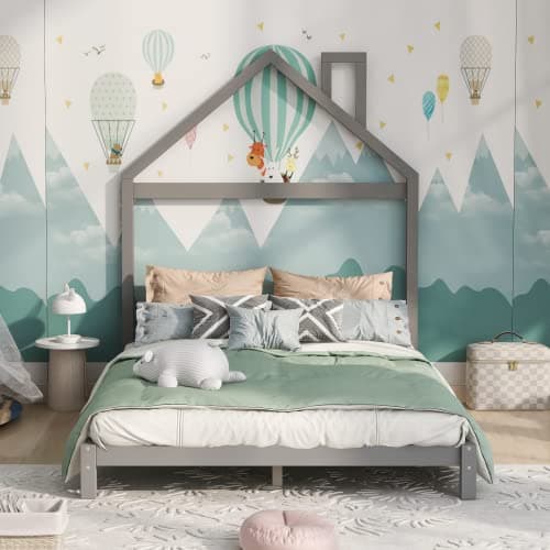 i-POOK Montessori Full Size Solid Wood Platform Bed, Gray
