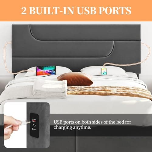 Yaheetech Dark Gray Queen Bed Frame with USB Charging & Storage Drawers