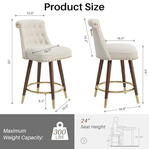 4-Piece 360° Swivel Bar Stool Set, Velvet Back with Footrest, Beige Fabric, 24" Seat Height