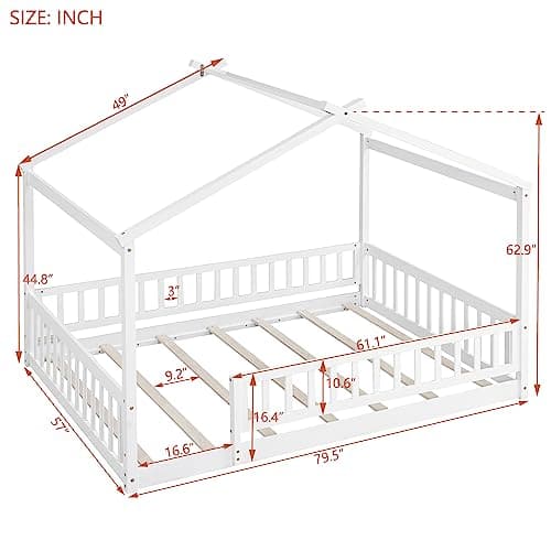 White Wooden Montessori Style Floor Bed with Fence for Kids