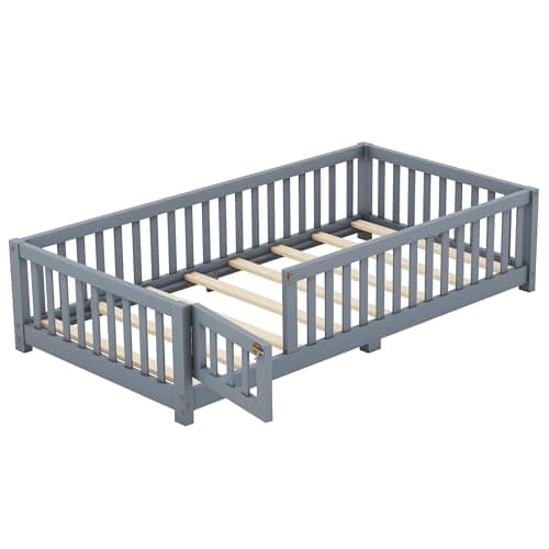 Twin Size Montessori Floor Bed with Door & Safety Guardrails, Gray