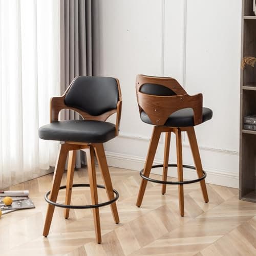 Black PU Upholstered Bamboo Leg Bar Stools Set of 2 Counter Height