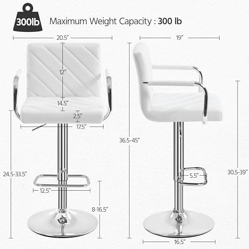 Yaheetech Height Adjustable Swivel Bar Stools Set of 2 White with Back Armrest Footrest
