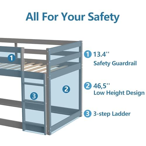 Twin Over Twin Bunk Bed with Ladder & Full-Length Guardrail for Dormitory and Bedroom, Grey Color, 400LBS Capacity