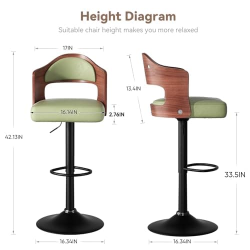 Adjustable Height Wooden Bar Stools Set of 2 with PU Leather Seat & Footrest