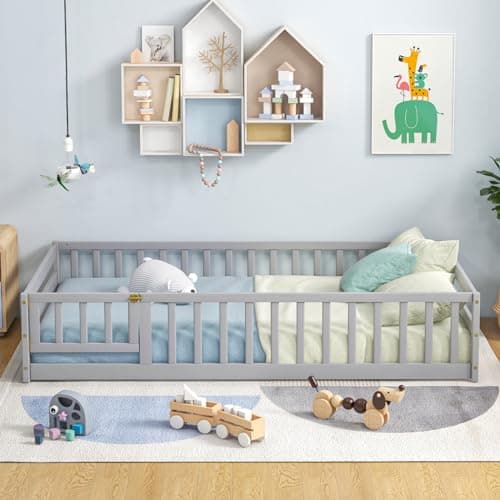 Giantex Safety Floor Bed Twin with Door & Fence (Grey)