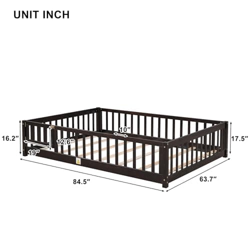 i-POOK Queen Size Montessori Bed Frame with Guardrails and Door in Espresso