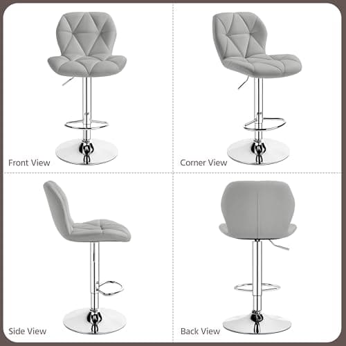 Yaheetech Height Adjustable PU Leather Bar Stools Set of 4 Light Grey