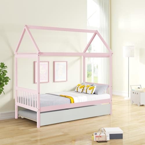 i-POOK House Twin Bed Frame, Pink, with Trundle and Headboard