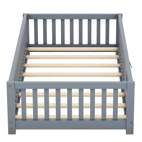 Twin Size Montessori Floor Bed with Door & Safety Guardrails, Gray