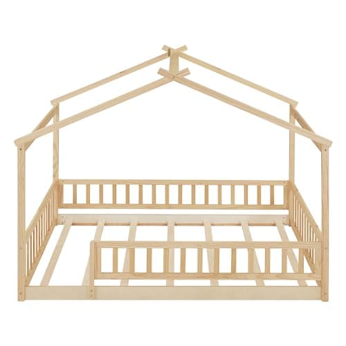 Bellemave Full Size Montessori Wood House Bed with Fence, Natural