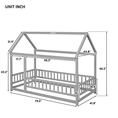 LLS Wooden Twin Bed with Roof & Fence, Gray for Boys & Girls