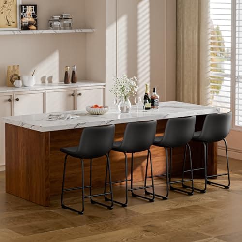 Black Modern 26 Inch Counter Height Bar Stool Set with Faux Leather and Footrest