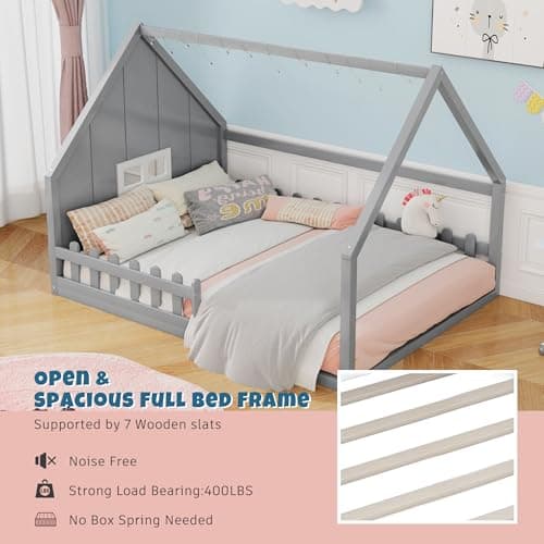 Merax Wood Montessori Full Size Floor Bed with LED Light, Grey