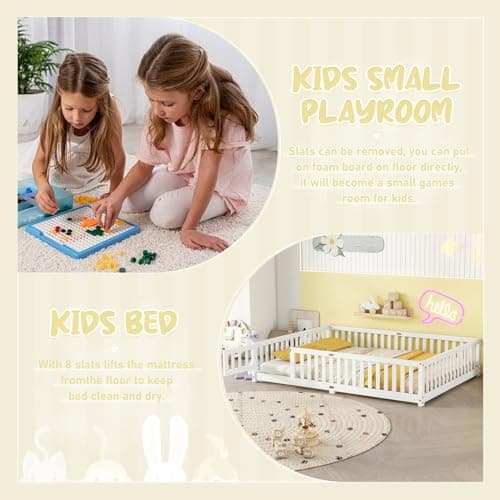 Montessori Floor Bed with Safety Guardrails and Door for Kids, White