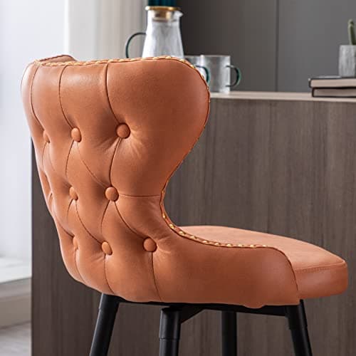 Fabric Swivel Bar Stools Set of 2, 25 Inch Counter Height with Tufted Back, Nailhead Trim and Metal Legs, Orange