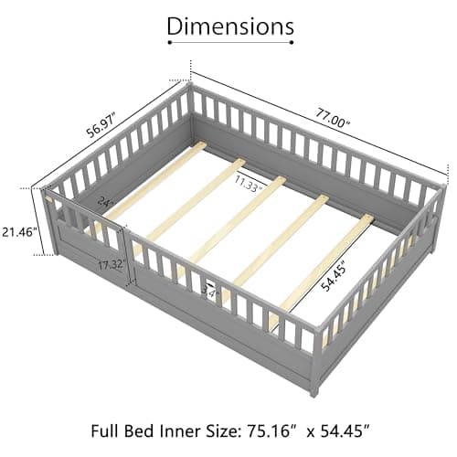 Full Size Wood Montessori Bed with High Fence & Door, No Box Spring Needed