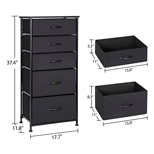Black Vertical Storage Tower Dresser with 5 Drawers & Wood Top for Bedroom