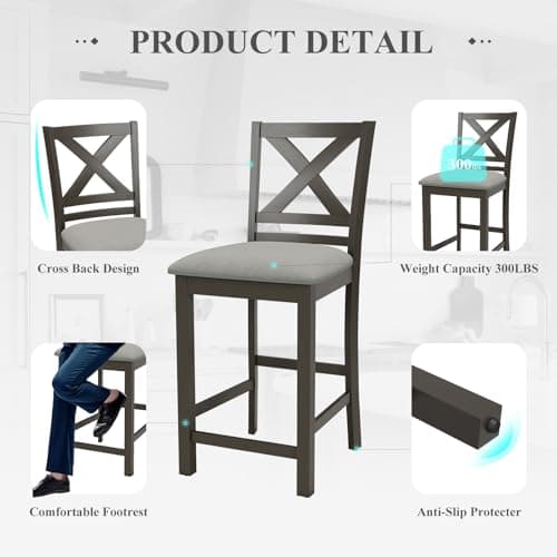 COLAMY Dark Grey Upholstered Mid Century Modern Bar Stools Set of 4, 25 Inch High Counter Height
