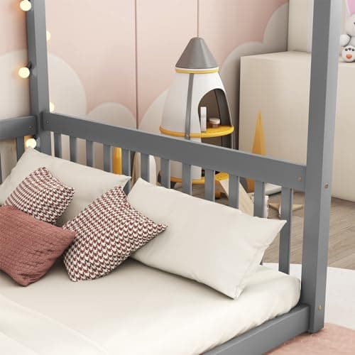i-POOK Full Size Canopy Bed Frame with Fence, Grey