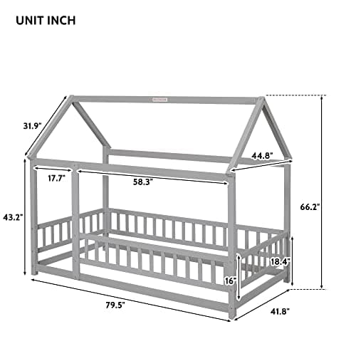 Gray Twin Montessori Floor Bed with Roof & Fence, Easy Assemble No Box Spring Needed