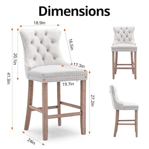 Set of 2 i-POOK Velvet Bar Stools with Button Tufting and Solid Wood Legs, White