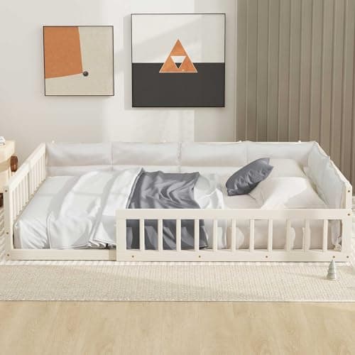 LUSPAZ Beige Queen Size Floor Bed with Shell Headboard and Vertical Seams