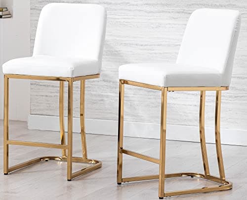 VESCASA Mid-Century Modern 24 Counter Height Barstools with Back - Set of 2, White Faux Leather with Gold Frame for Kitchen or Bar