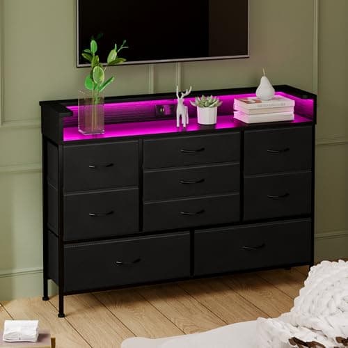 Black LED Dresser with 9 Drawers and Charging Station for Kid's Room or Living Space