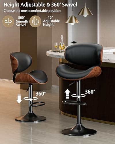 Mid-Century Modern Black PU Leather Bar Stool Set of 4 with Back