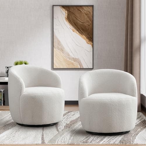 Ivory Boucle Swivel Chair, 360° Rotating Living Room Accent Chair