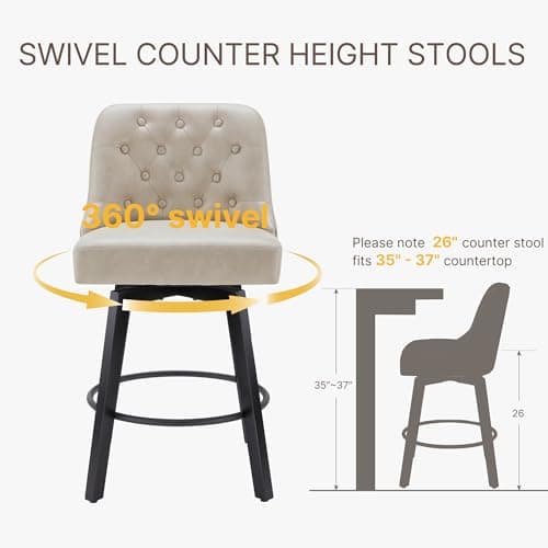 Beige Leather Swivel Barstools, 26" Height, Kitchen Island Set of 2