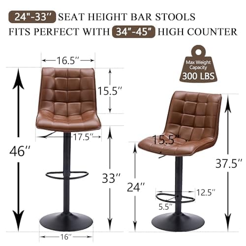 Modern Brown Bar Stools with Back, Set of 2, Adjustable Height 24"-33"