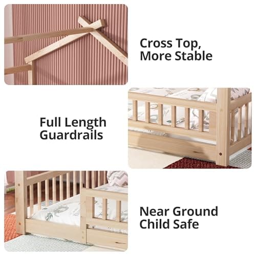 Twin Size Wooden Montessori Bed with Guardrails & Roof, No Box Spring Needed,Natural