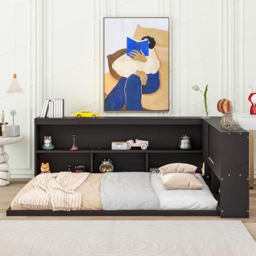 Full Size Daybed with L-Shaped Bookcases and Sliding Doors
