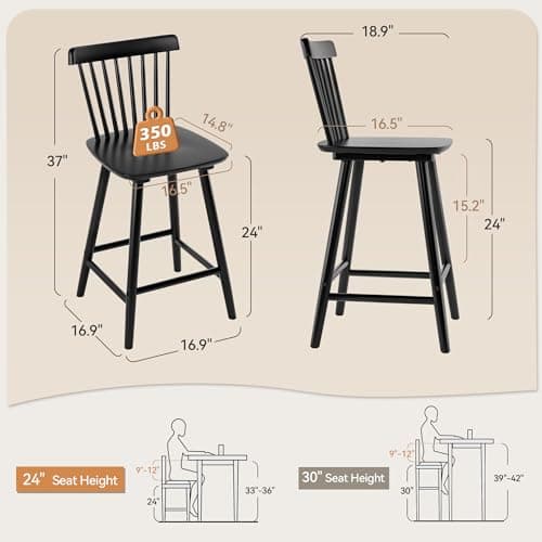 LUE BONA Windsor Black Bar Stools Set of 4, 24 Inch Counter Height