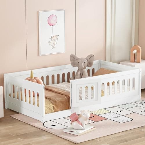 Full Size Wood Montessori Bed with High Fence & Door, No Box Spring Needed