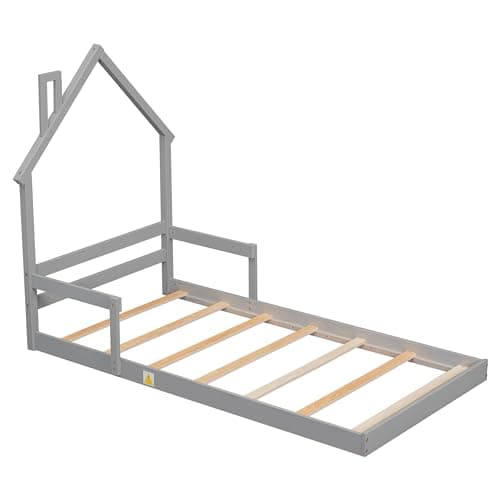 Montessori Twin Floor Bed with Roof & Safety Guardrails, Grey,No Box Spring Needed