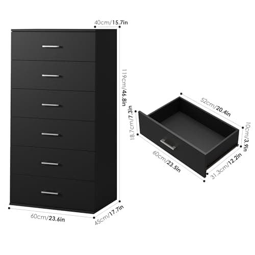 FOTOSOK Black Tall Dresser with 6 Drawers & Modern Handles
