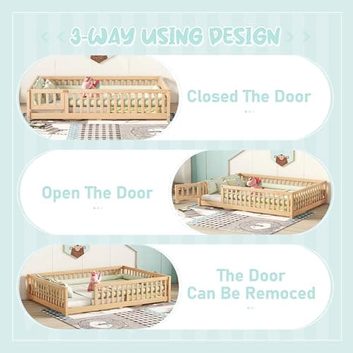 Full-Size Montessori Floor Bed with Slats & Center Support Bar (Natural)