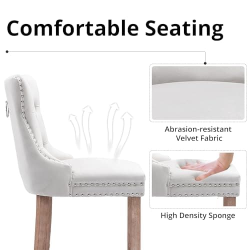Set of 2 i-POOK Velvet Bar Stools with Button Tufting and Solid Wood Legs, White