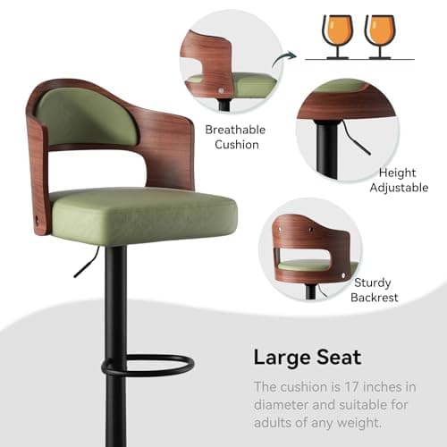 Adjustable Height Wooden Bar Stools Set of 2 with PU Leather Seat & Footrest