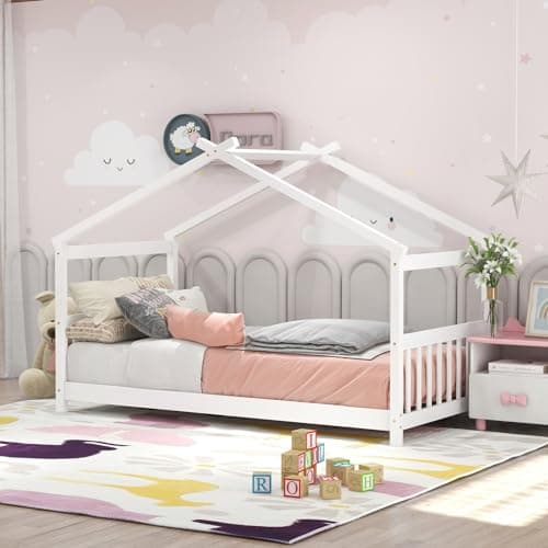 KOMFOTT Twin Wood House Bed for Kids, White, No Box Spring Needed
