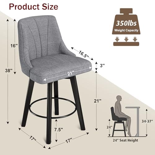Dark Gray Counter Height Swivel Bar Stool Set (24" Fabric, Back, Wood Legs)
