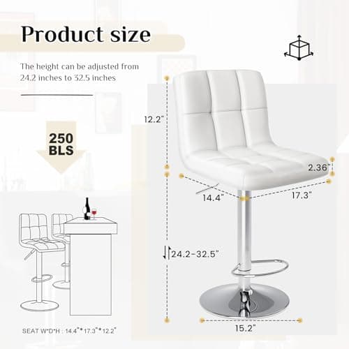 DUMOS Adjustable Swivel Bar Stools, PU Leather Seat, Thick Cushion, White