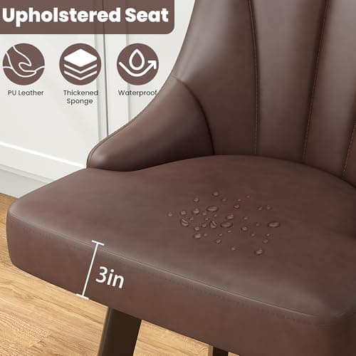24" Brown Leather Bar Stools with Back, Solid Wood Legs for Kitchen Island