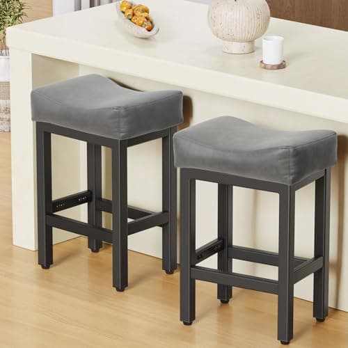 24 Inch Bonded Leather Bar Stools Set, Gray/White, Kitchen Island Counter Height