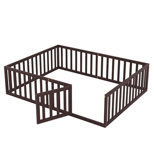 Sturdy Pine Wood Queen Bed Frame with Fence and Door, Walnut Finish