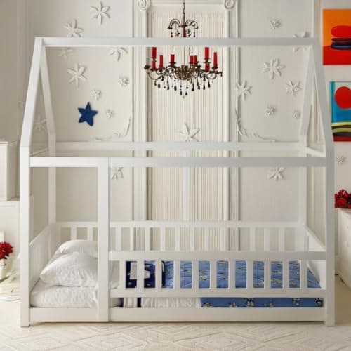 Montessori Floor Bed Frame with Roof & Fence, White, No Box Spring Needed