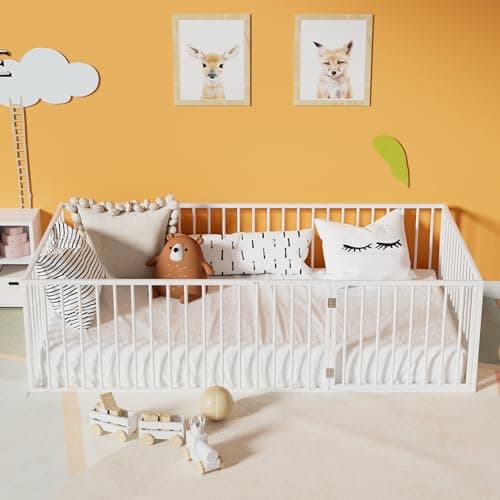 Montessori Metal Safety Guardrail Floor Bed for Kids, White